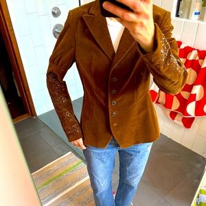 Dries Van Noten Single Breasted Golden Brown Velvet Jacket w/ beaded sleeves